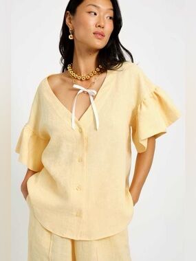 Eliza Faulkner Butter Yellow Ruffled Sleeve V-Neck Button Top